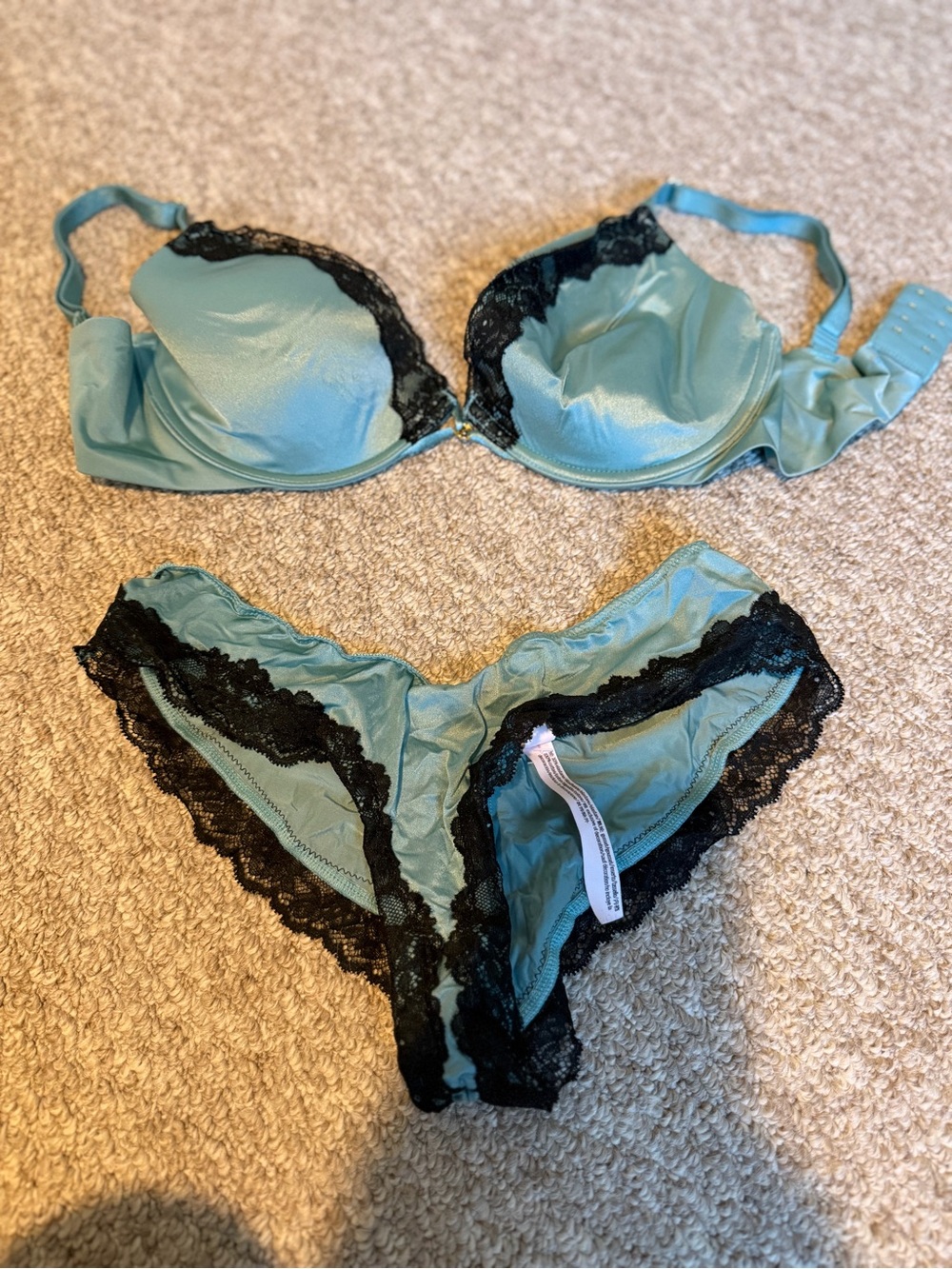 Victoria's Secret Teal Satin Bra & Black Lace Brief Set